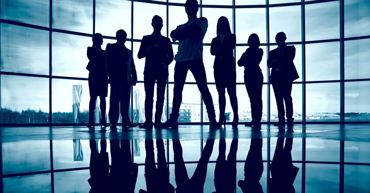 Silhouettes of professionals standing in front of a large glass window