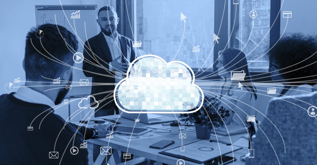 Team meeting with a cloud computing graphic overlaid