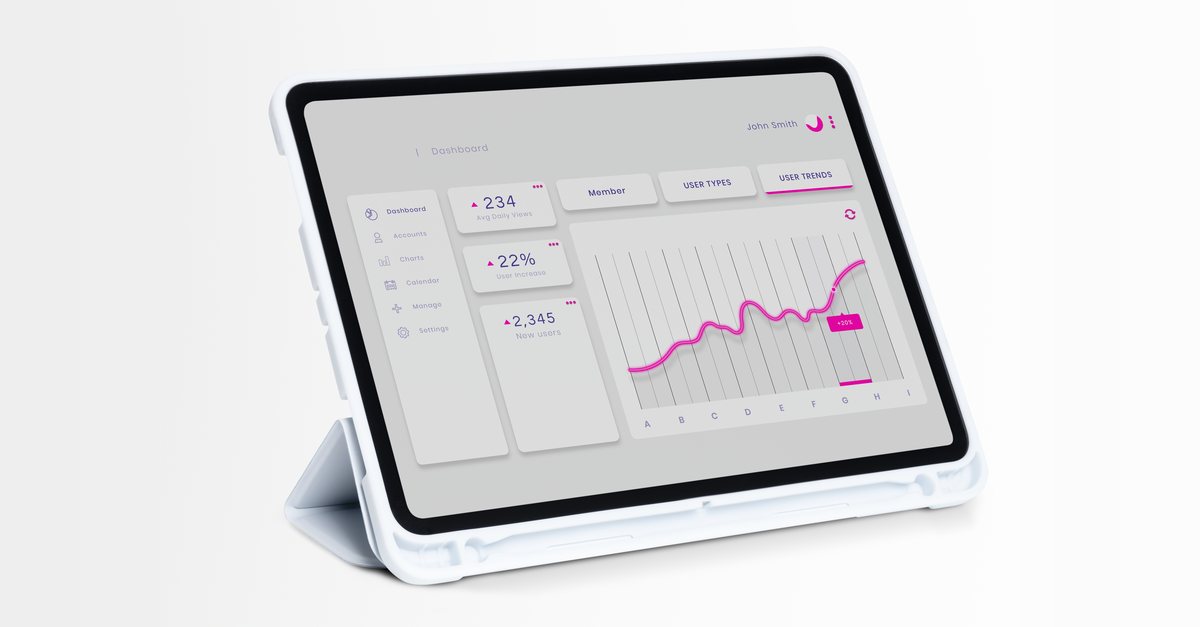 Tablet showing a web application dashboard with charts